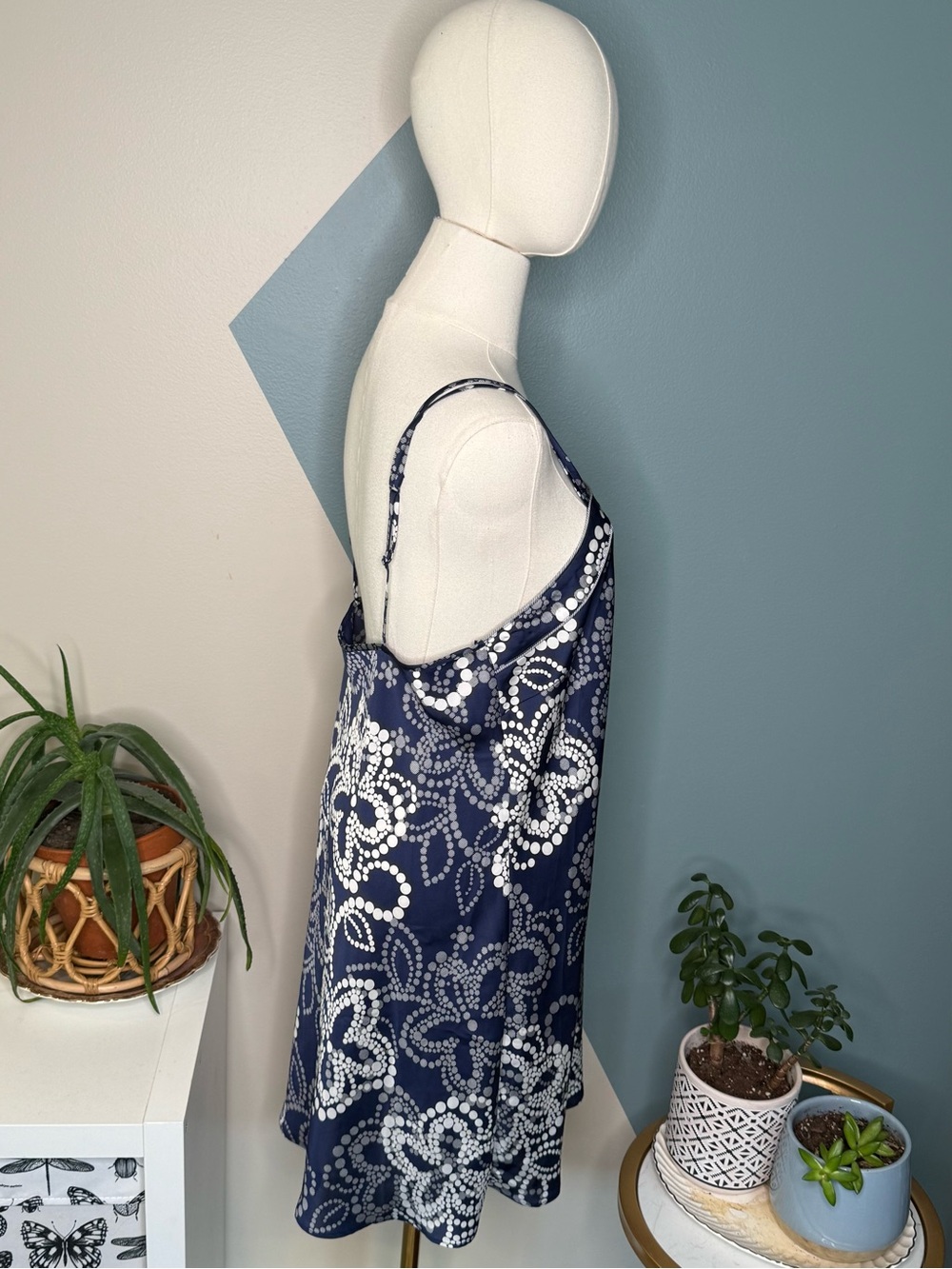 Cabernet Satin Floral Chemise Nightgown Slip Dress Blue M Y2K - Picture 5 of 10